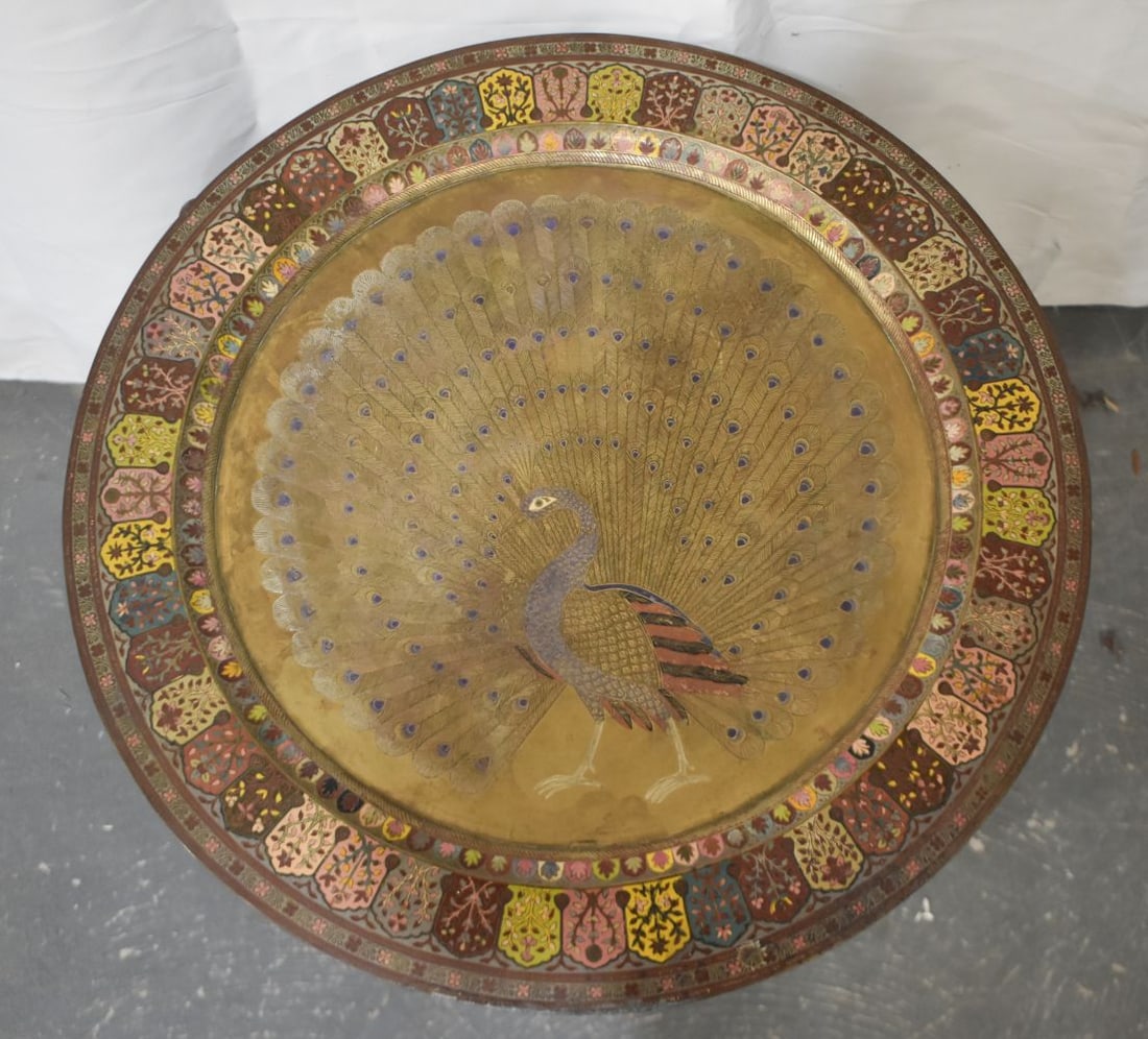 AN EASTERN ENAMELLED PEACOCK TABLE. 59 cm x 53 cm. (1 of 10)