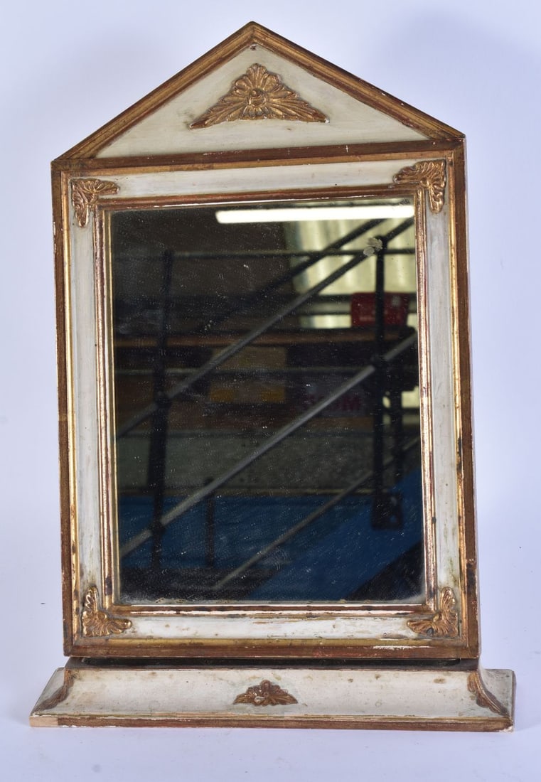 AN ANTIQUE FRENCH PAINTED WOOD STRUT FORM EASEL MIRROR. 42 cm x 22cm. (1 of 4)