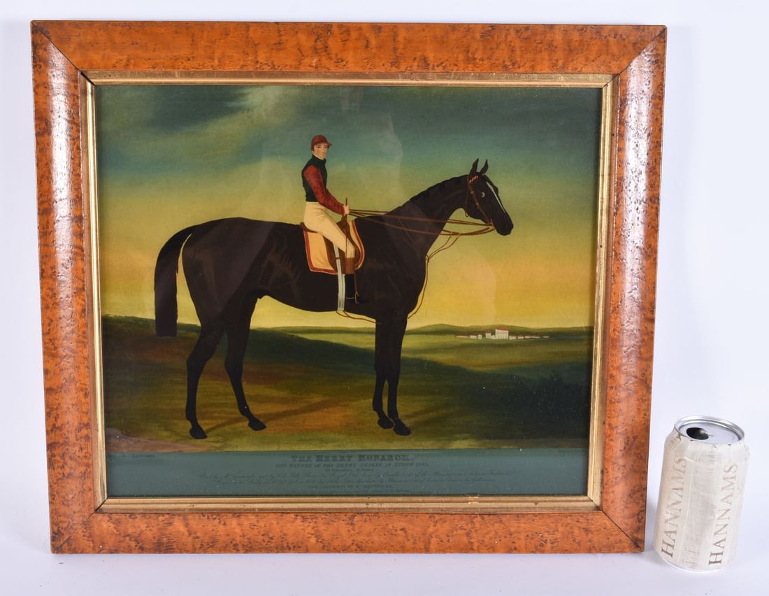 AN ANTIQUE REVERSE PRINTED EQUESTRIAN GLASS JOCKEY MIRROR. 48 cm x 42 cm. (1 of 5)