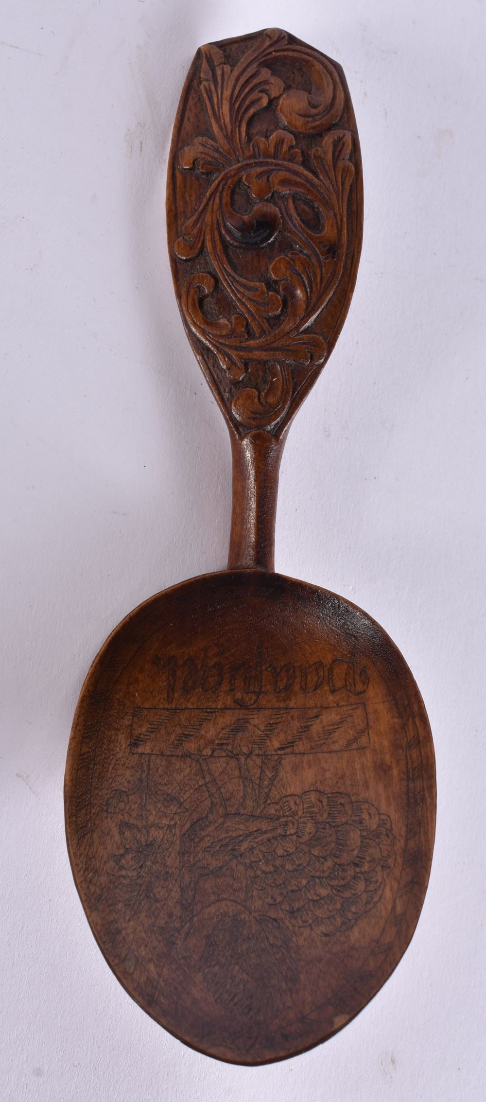 A MID 19TH CENTURY ENGLISH TREEN CARVED WOOD SPOON. 17.5 cm long. (1 of 4)