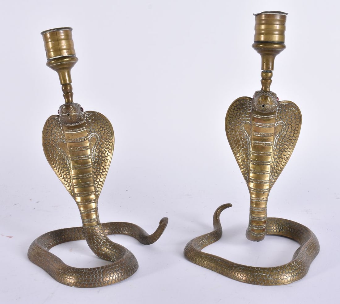A PAIR OF EARLY 20TH CENTURY INDIAN BRONZE SERPENT CANDLESTICKS. 19 cm high. (1 of 4)