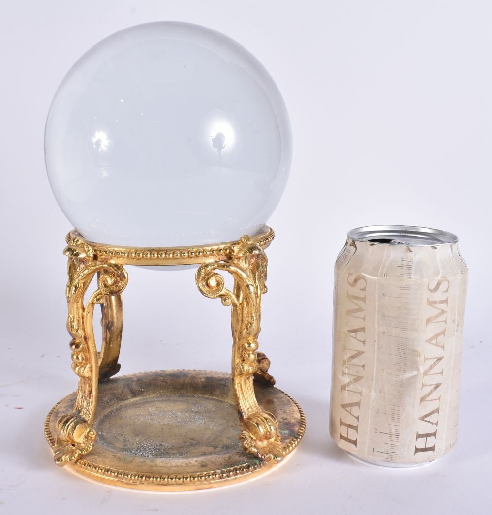 A CRYSTAL BALL ON STAND. 23 cm x 10 cm. (1 of 4)