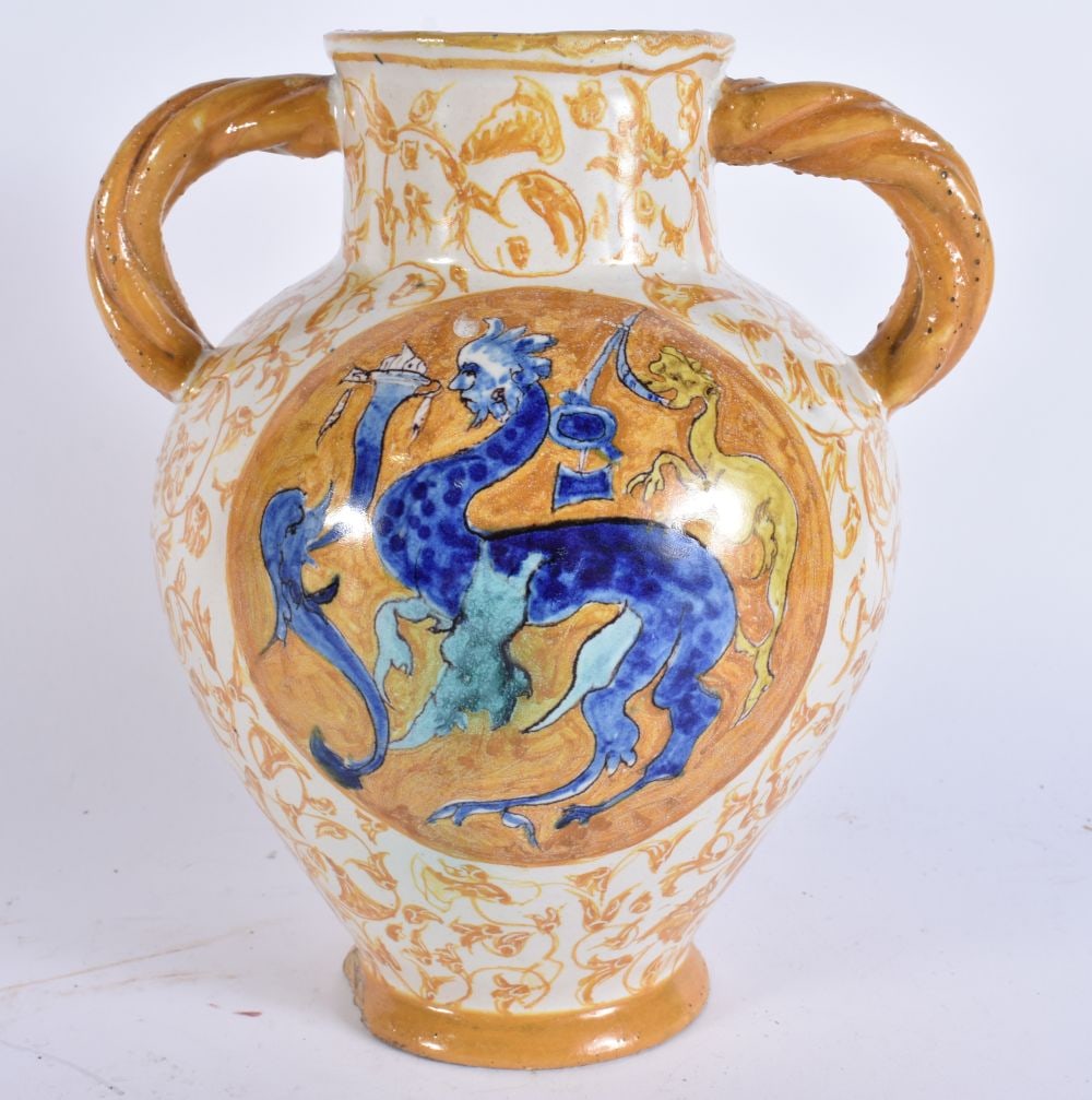 A LATE 19TH CENTURY ITALIAN CANTAGALLI TWIN HANDLED POTTERY VASE painted with mythical beasts. 23 cm (1 of 6)