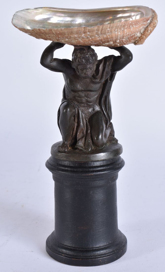 A 19TH CENTURY GRAND TOUR BRONZE AND SHELL FIGURE. 18 cm high. (1 of 5)