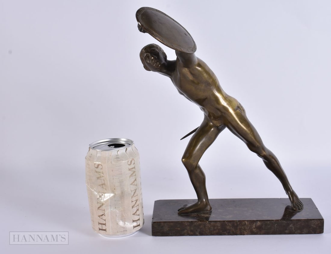 A 19TH CENTURY GRAND TOUR BRONZE FIGURE OF THE BORGHESE GLADIATOR. 28cm x 21 cm. (1 of 6)