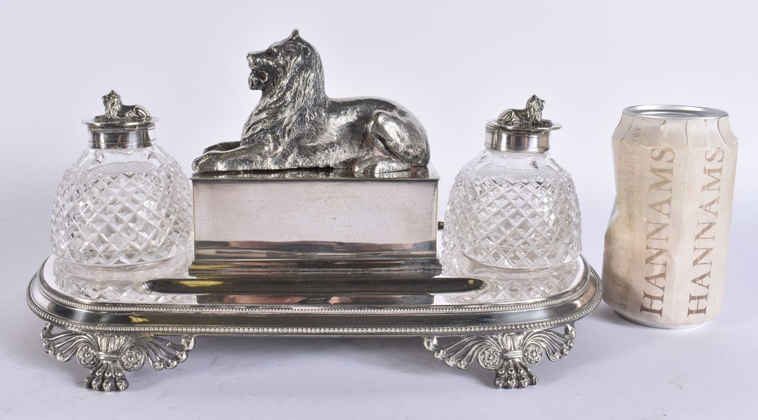 A LOVELY VICTORIAN SILVER PLATED LION DESK STAND. 30cm x 15 cm. (1 of 6)