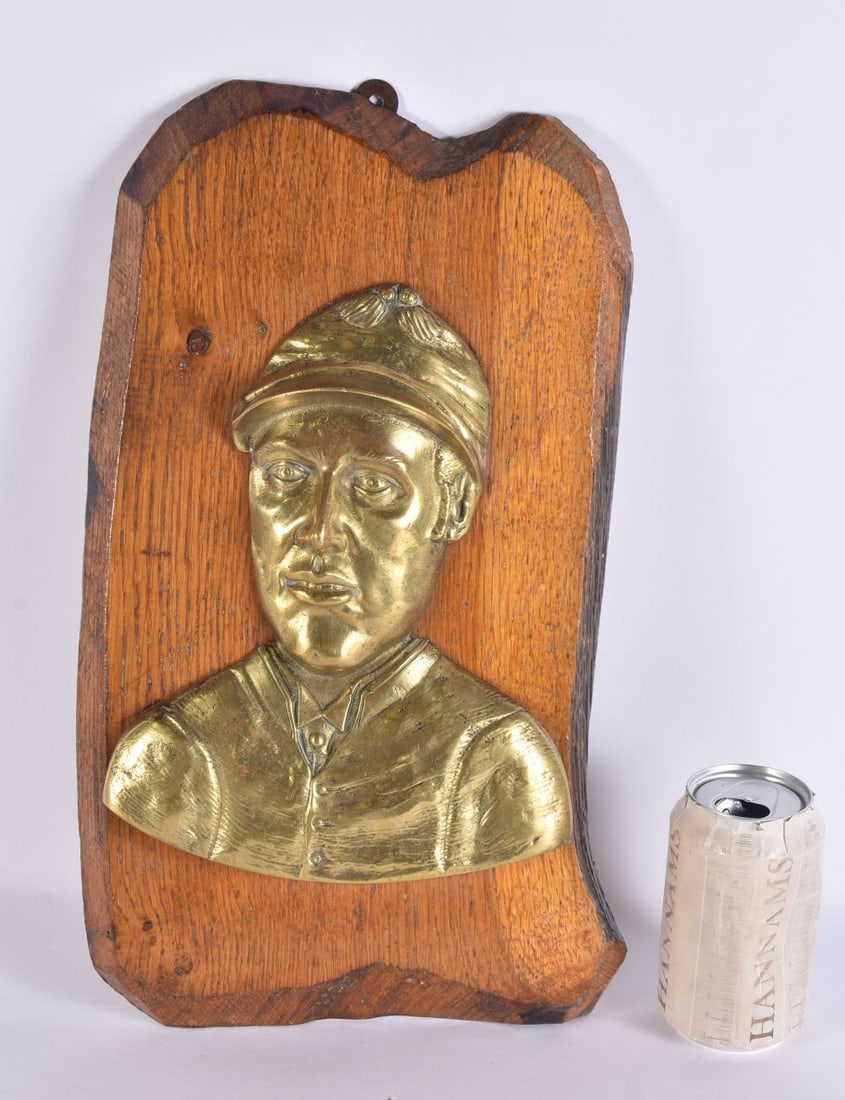 AN UNUSUAL VICTORIAN EQUESTRIAN HORSE RACING BRONZE AND OAK PLAQUE depicting Frederick James Archer. (1 of 4)