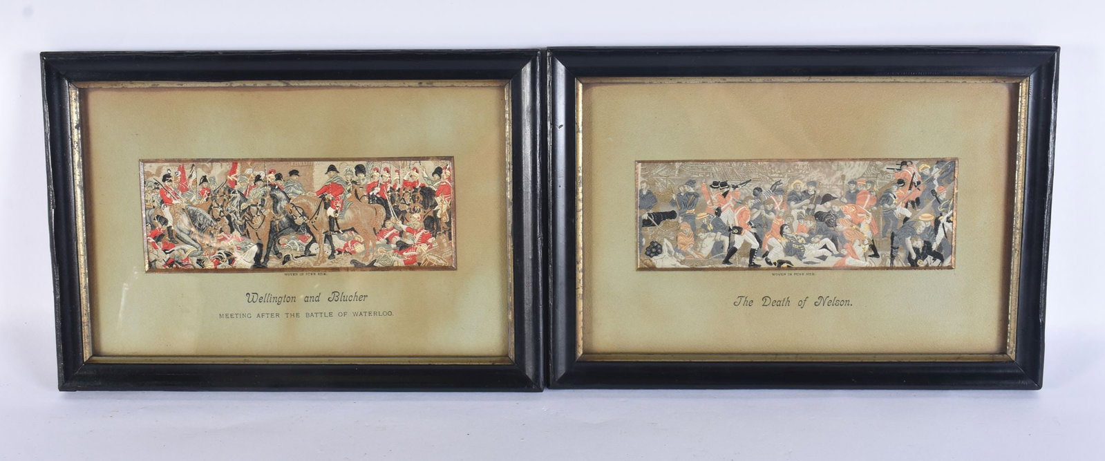 A RARE PAIR OF 19TH CENTURY MILITARY INTEREST FRAMED SILK STEVENGRAPHS The death of Nelson & Welling: A RARE PAIR OF 19TH CENTURY MILITARY INTEREST FRAMED SILK STEVENGRAPHS The death of Nelson & Wellington & Blucher. 27cm x 16 cm.