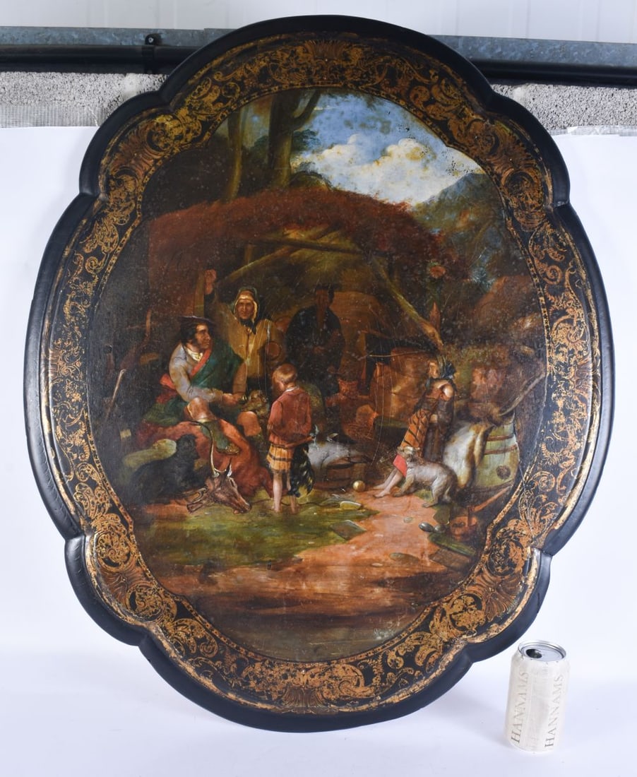 A LARGE EARLY VICTORIAN PAPIER MACHE LACQUERED PAINTED PANEL. 82 cm x 60 cm. (1 of 7)