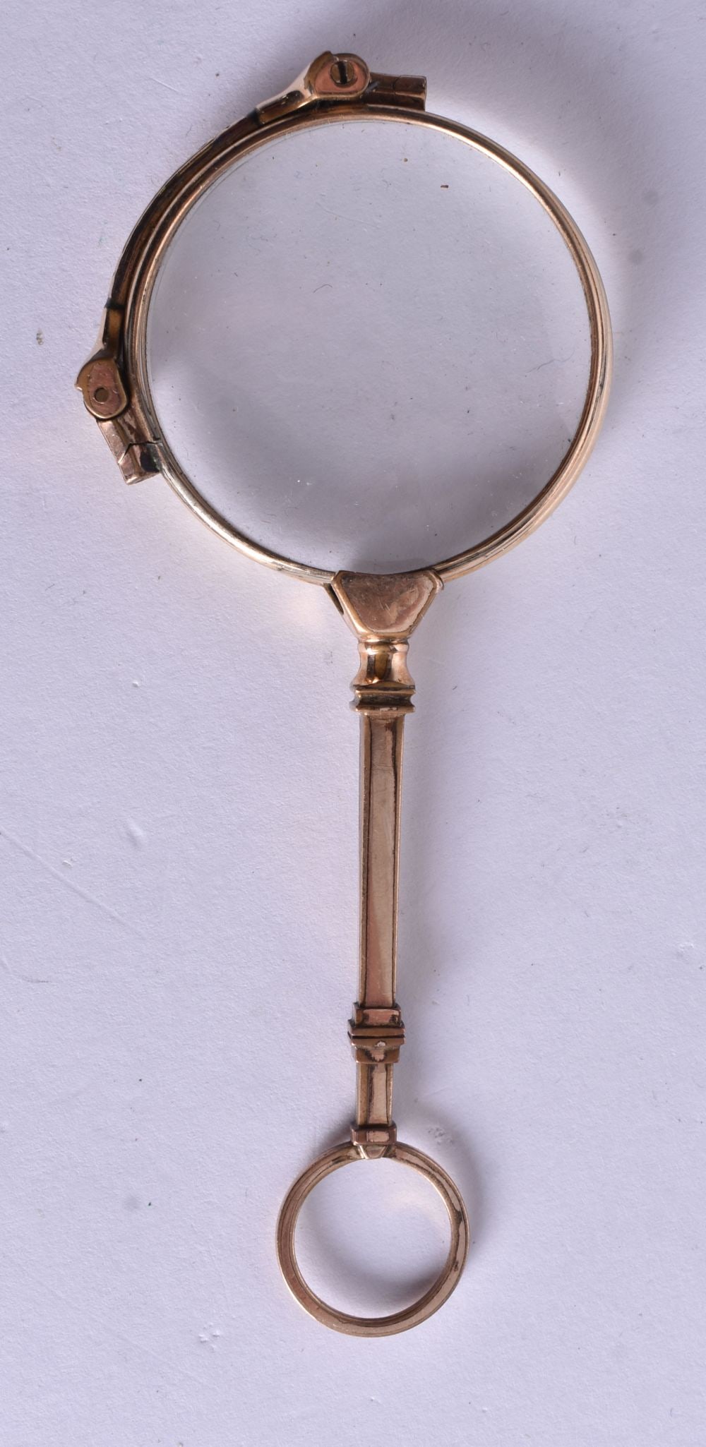A PAIR OF YELLOW METAL LORGNETTES. 10.5 cm x 10.5 cm. (1 of 2)