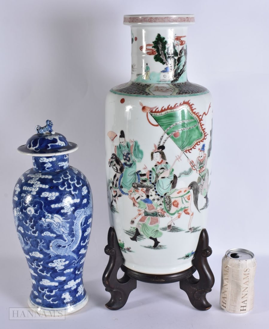 A LARGE 19TH CENTURY CHINESE BLUE AND WHITE PORCELAIN DRAGON VASE together with a famille verte roul (1 of 8)