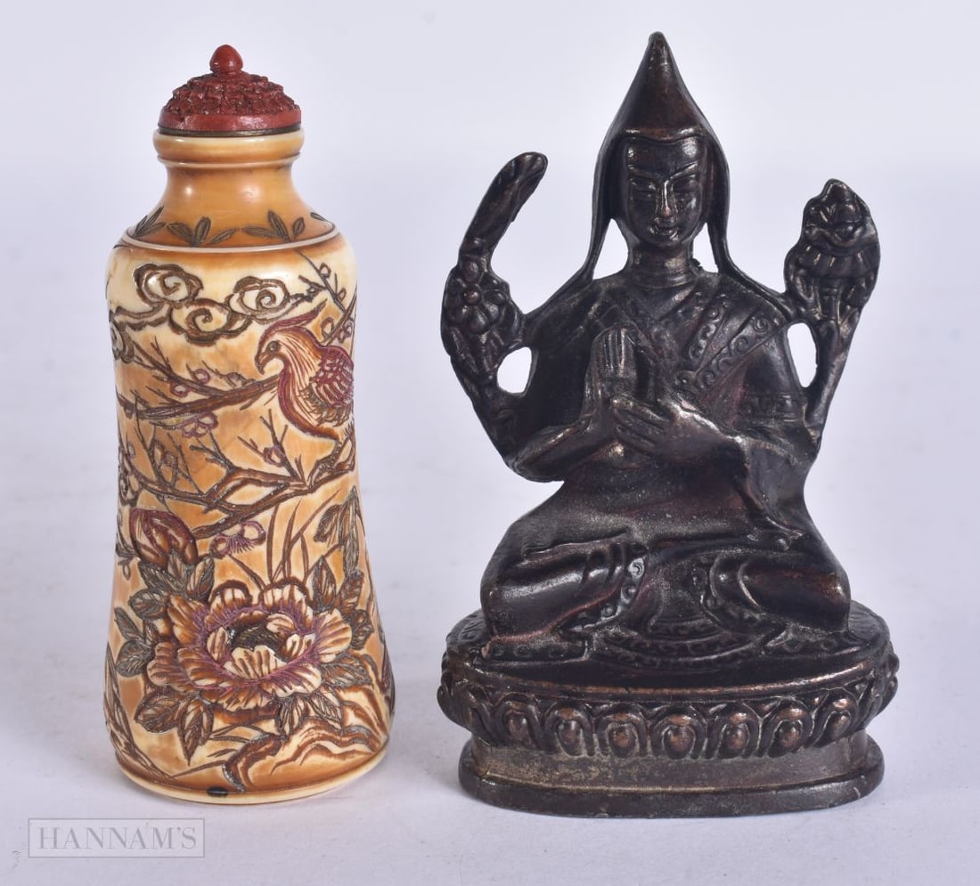 A 19TH CENTURY CHINESE POLYCHROMED SNUFF BOTTLE AND STOPPER Late Qing, together with a bronze figure (1 of 7)