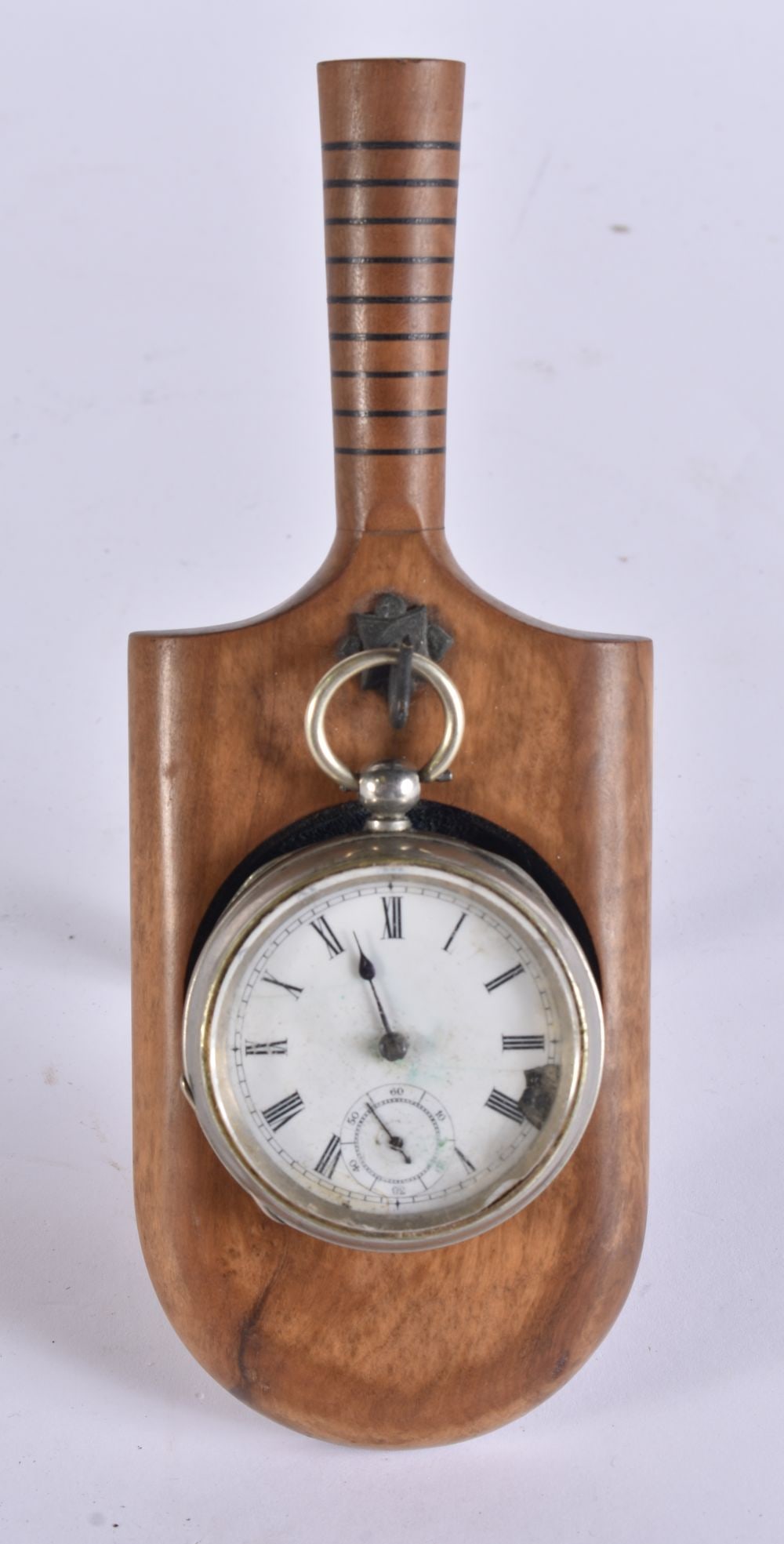 A RARE VICTORIAN TREEN CRICKET INTEREST POCKET WATCH HOLDER. 19 cm high. (2) (1 of 4)