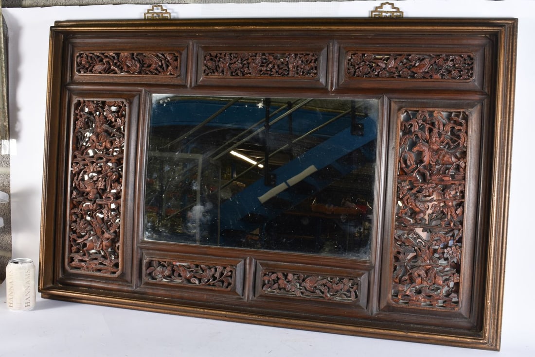 A LARGE LATE 19TH CENTURY CARVED SANDALWOOD MIRROR Late Qing. 108 cm x 68 cm. (1 of 5)