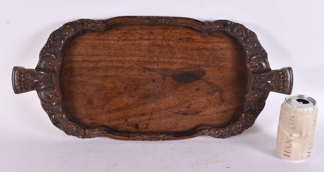 A FINE 19TH CENTURY CHINESE CARVED WOOD TWIN HANDLED TRAY Qing, possibly Huanghuali. 52 cm x 24 cm. (1 of 7)