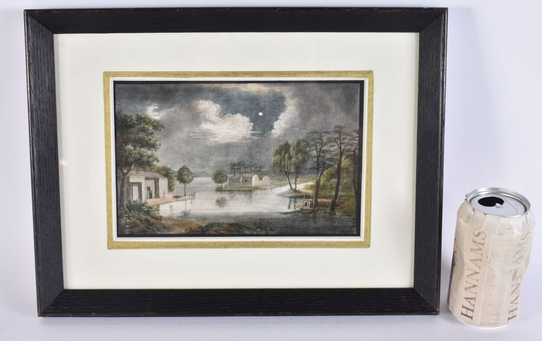 Chinese School (19th Century) Pith, Watercolour, Midnight landscape. 35 cm x 25cm, image 22cm x 13 c: Chinese School (19th Century) Pith, Watercolour, Midnight landscape. 35 cm x 25cm, image 22cm x 13 cm.