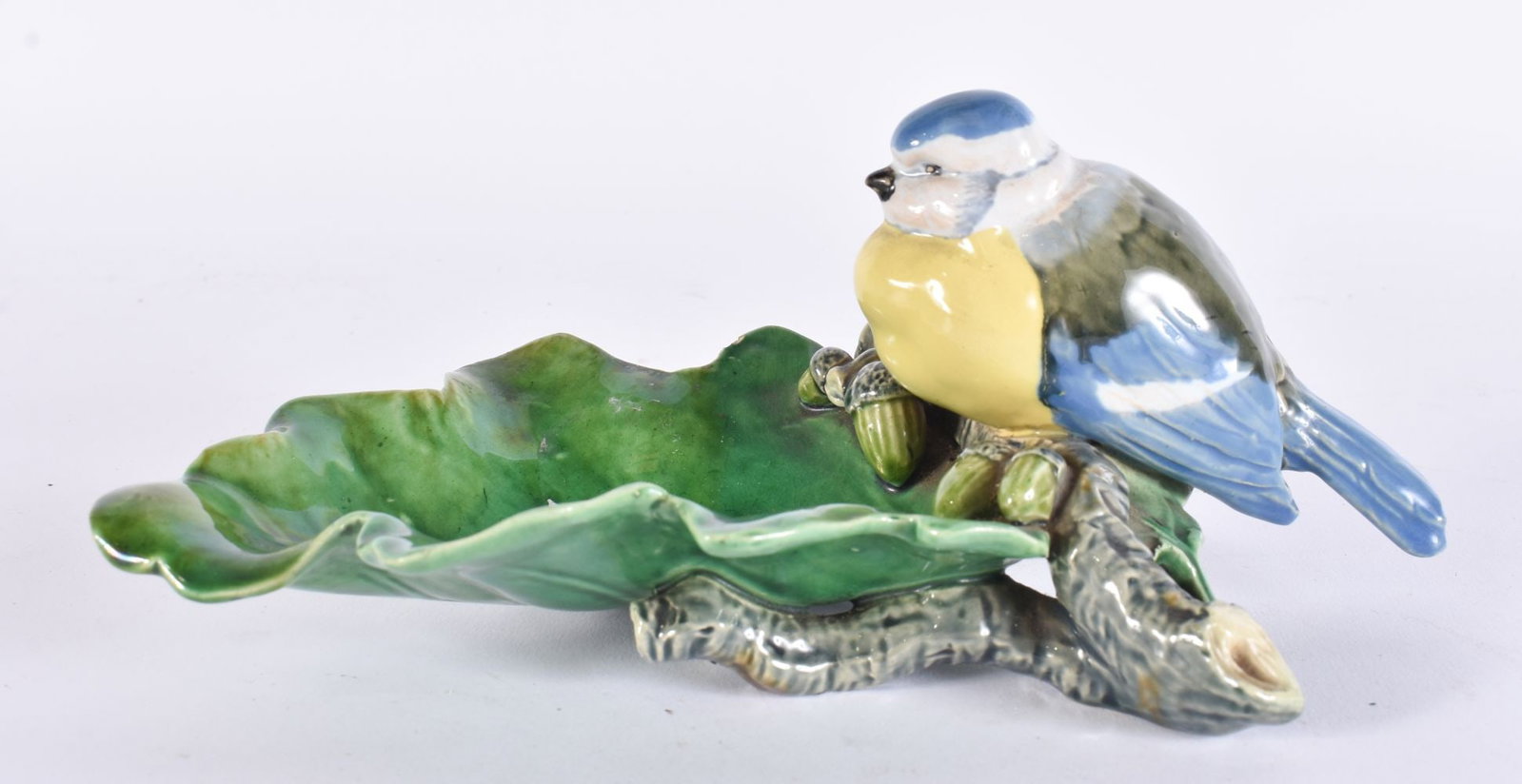 A VICTORIAN MINTON MAJOLICA BIRD AND LEAF DISH. 21 cm x 9.5 cm. (1 of 6)