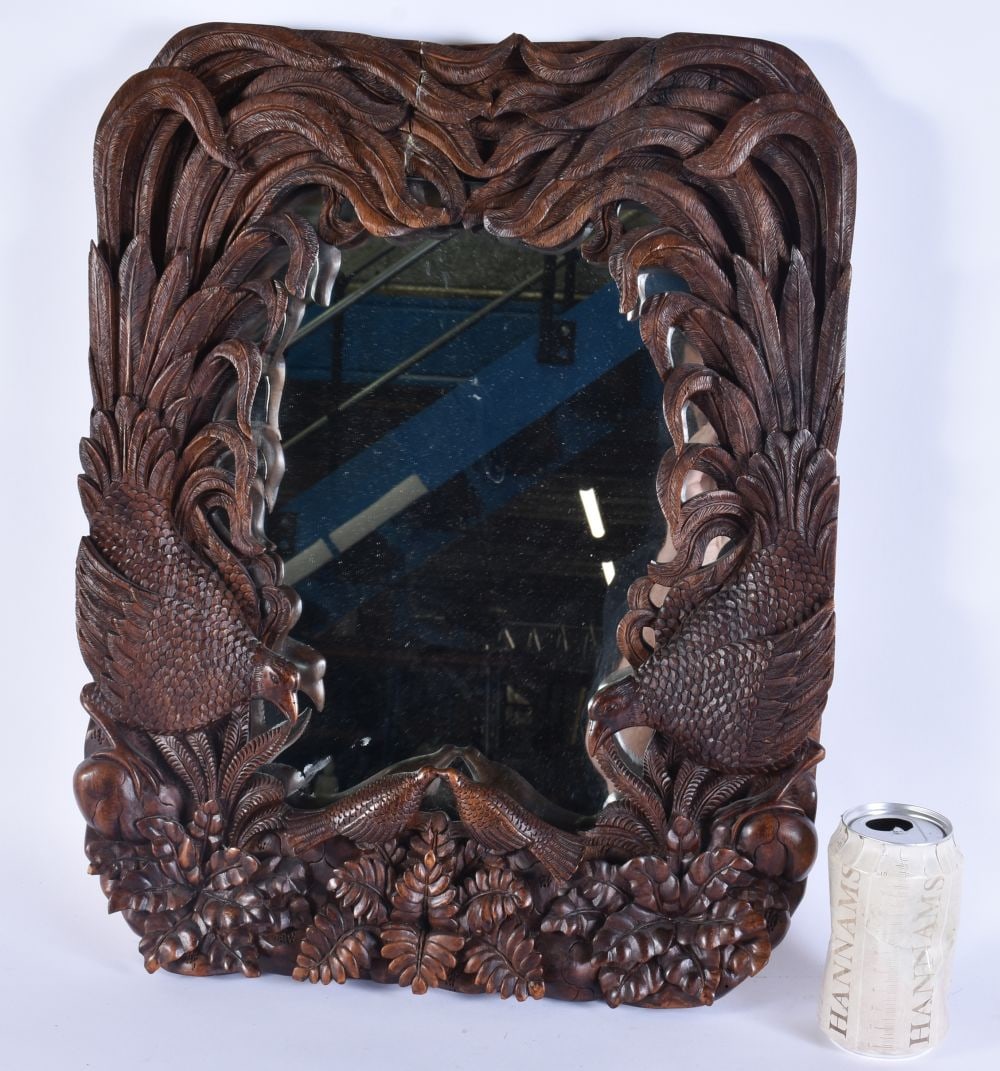 A FINE 19TH CENTURY ANGLO INDIAN CARVED WOOD DOUBLE BIRD MIRROR of naturalistic form. 50 cm x 35 cm. (1 of 10)
