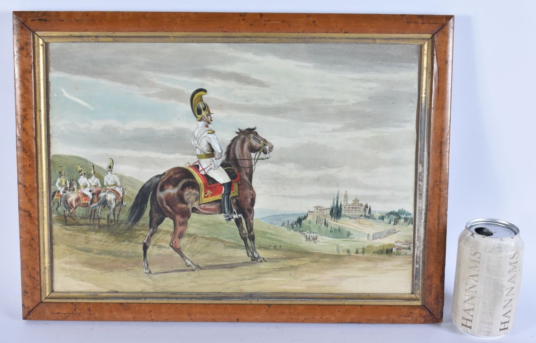 A 19TH CENTURY MILITARY INTEREST HISTORICAL WATERCOLOUR possibly representing an Austrian regiment o: A 19TH CENTURY MILITARY INTEREST HISTORICAL WATERCOLOUR possibly representing an Austrian regiment overlooking an Italian landscape. 45cm x 35 cm, image 38 cm x 26cm.