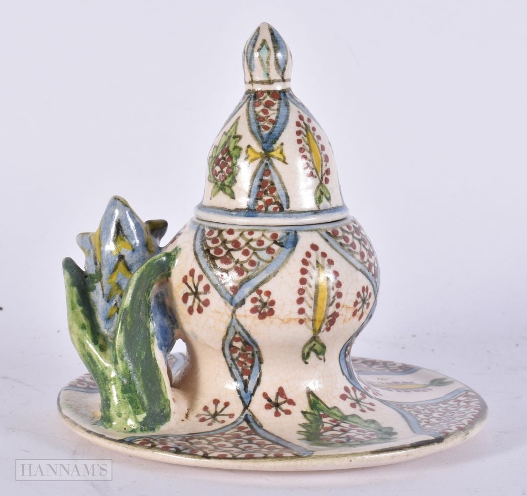 A TURKISH KUTAHYA INKWELL AND COVER. 12 cm wide. (1 of 4)