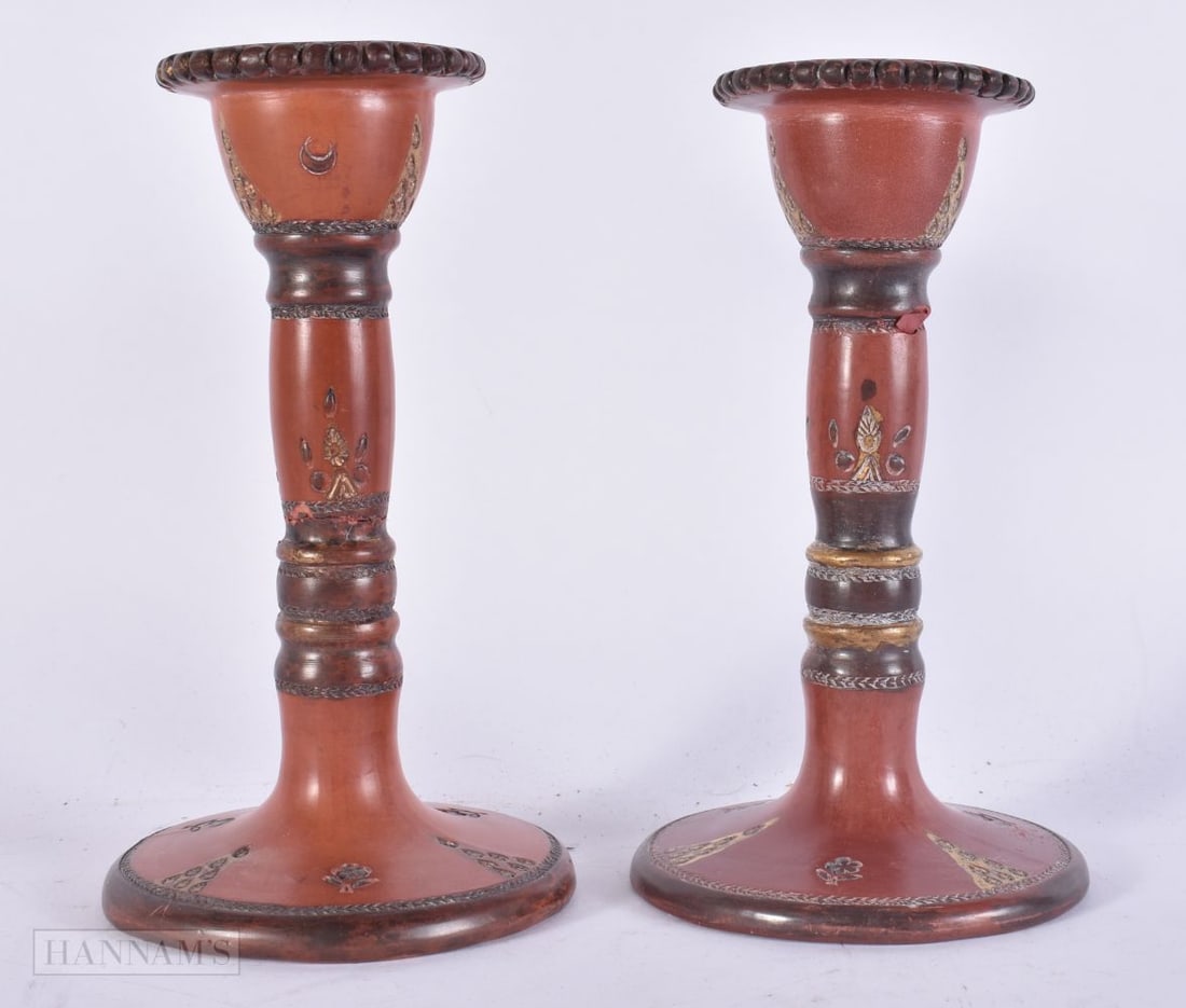 A PAIR OF TURKISH TOPHANE POTTERY CANDLESTICKS. 18 cm high. (1 of 5)