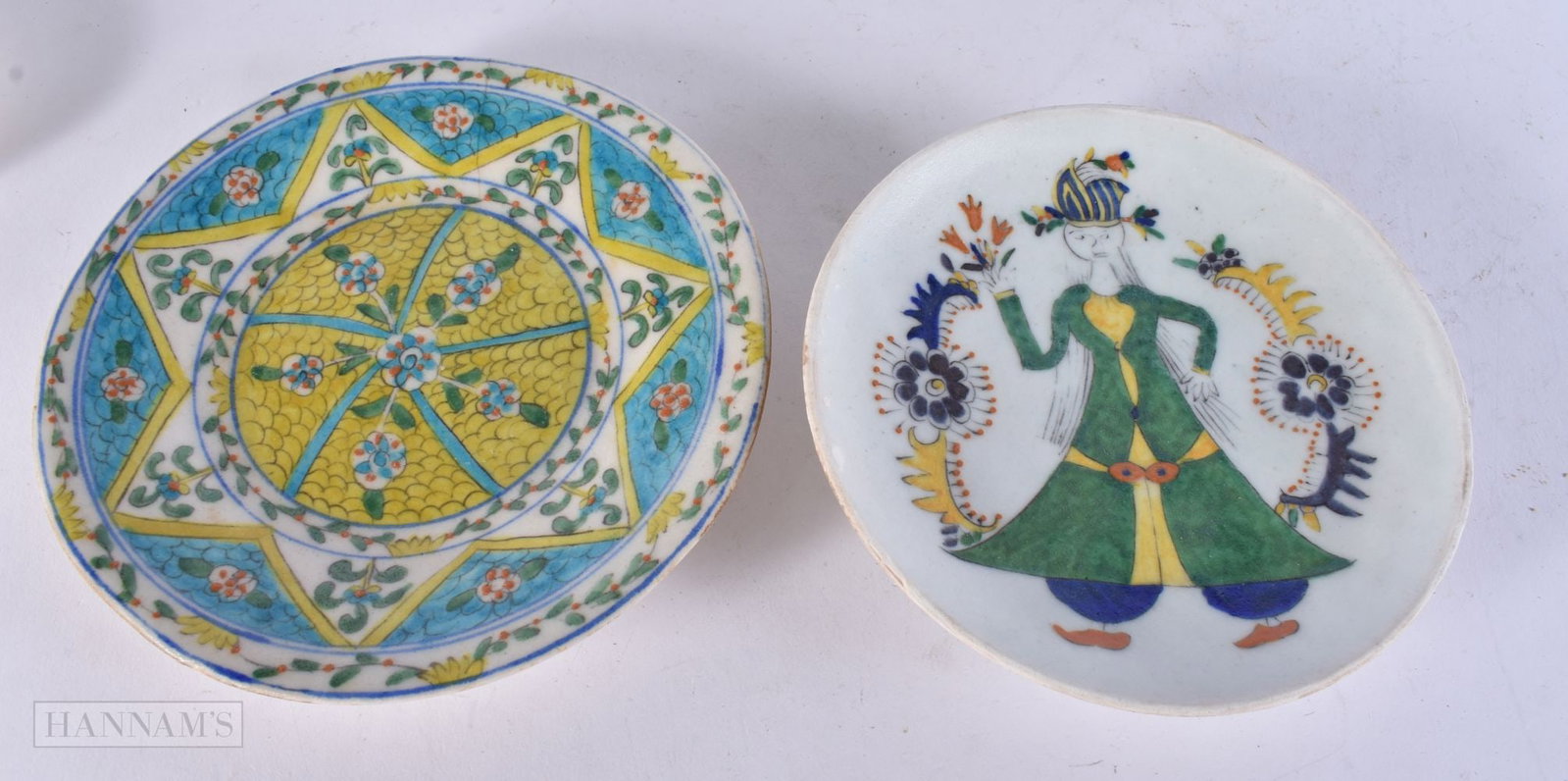 TWO TURKISH KUTAHYA POTTERY PLATES. 14.5 cm wide. (2): TWO TURKISH KUTAHYA POTTERY PLATES. 14.5 cm wide. (2)