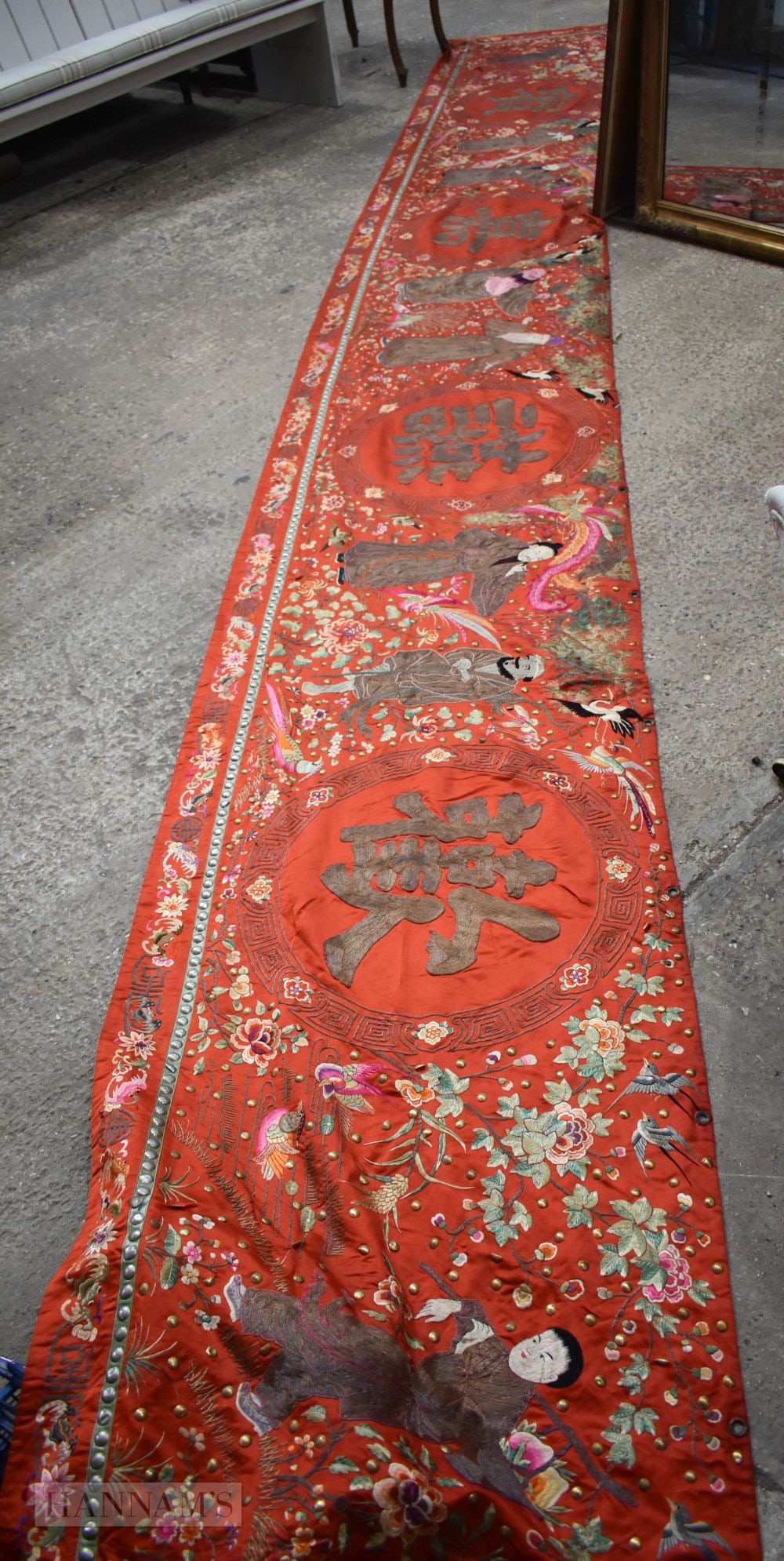 A MONUMENTAL 19TH CENTURY CHINESE RED SILK EMBROIDERED FIGURAL PANEL Qing. 545 cm x 80 cm. (1 of 9)