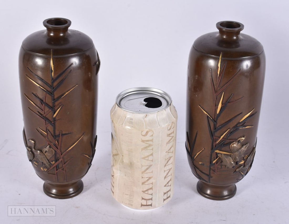 A FINE PAIR OF 19TH CENTURY JAPANESE BRONZE ONLAID VASES by Miyabe Atsuyoshi. 19 cm high. (1 of 4)
