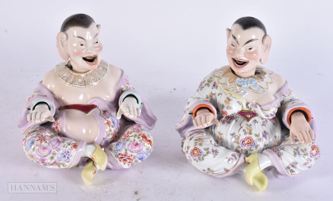 A FINE PAIR OF 19TH CENTURY MEISSEN PORCELAIN NODDING BUDDHAS. 17 cm x 12 cm. (1 of 5)