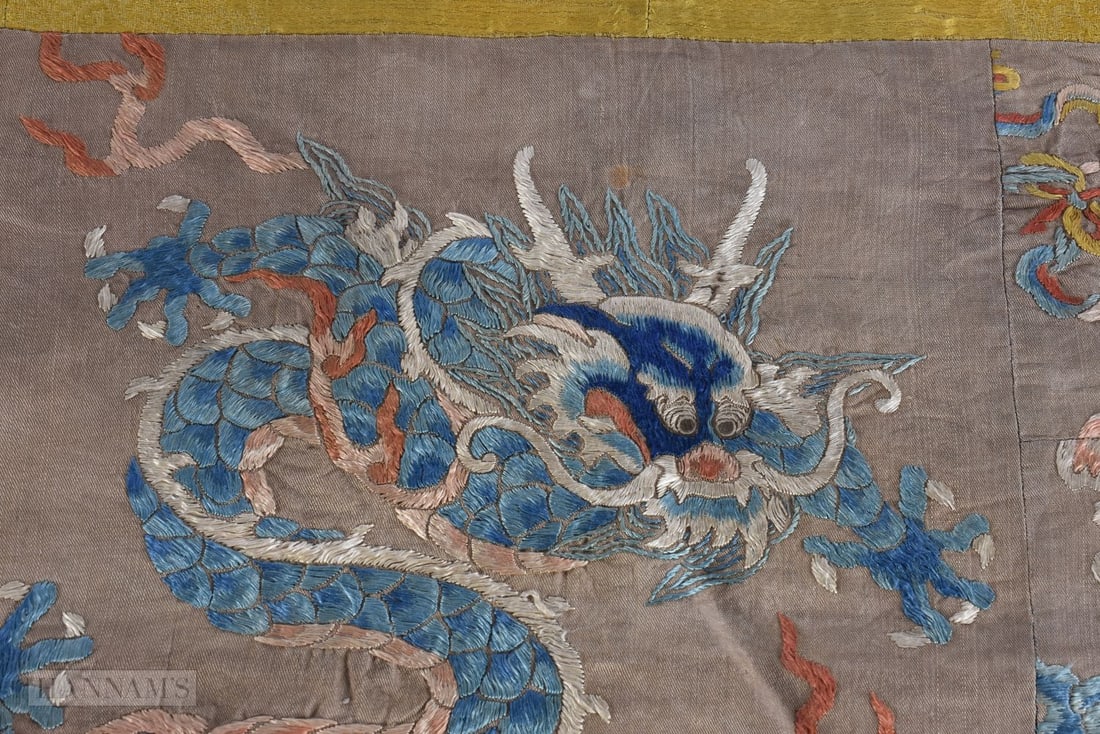 AN 18TH CENTURY CHINESE SILK EMBROIDERED DRAGON AND FLAMING PEARL PANEL. 38 cm square. (1 of 4)