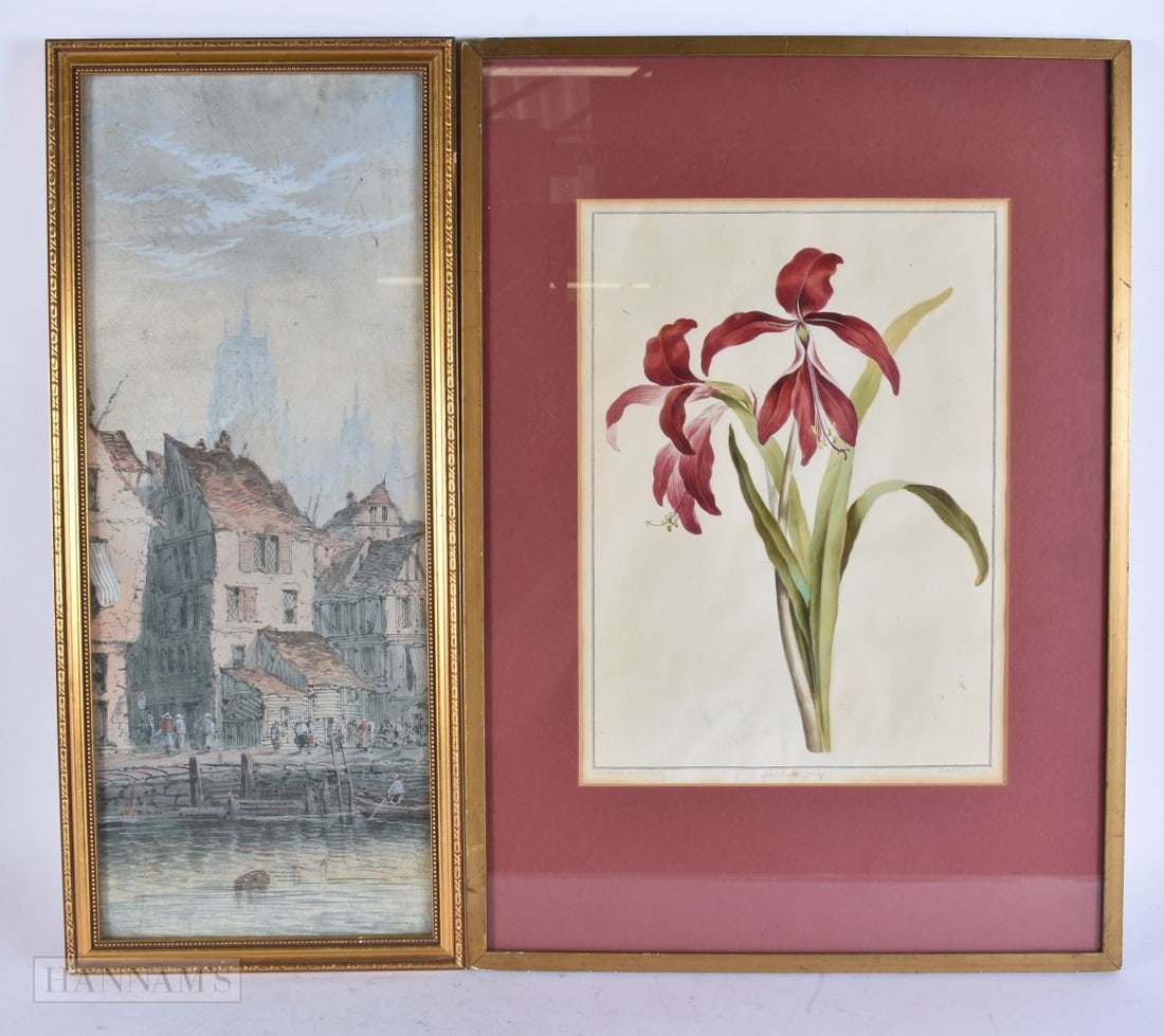 AN ANTIQUE WATERCOLOUR and an engraving. Largest 54 cm x 34 cm. (2) (1 of 5)