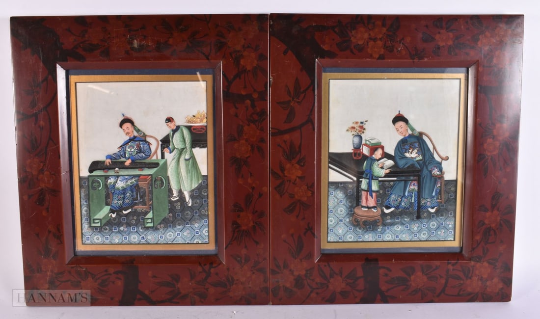 A PAIR OF MID 19TH CENTURY CHINESE PITH PAPER PAINTINGS Qing. 42 cm x 36 cm, image 27 cm x 20 cm. (1 of 5)