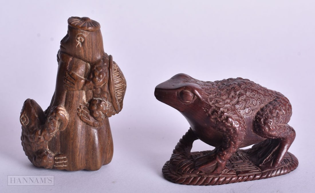 TWO JAPANESE CARVED WOOD NETSUKE. 5.25 cm x 3.25 cm. (2) (1 of 3)