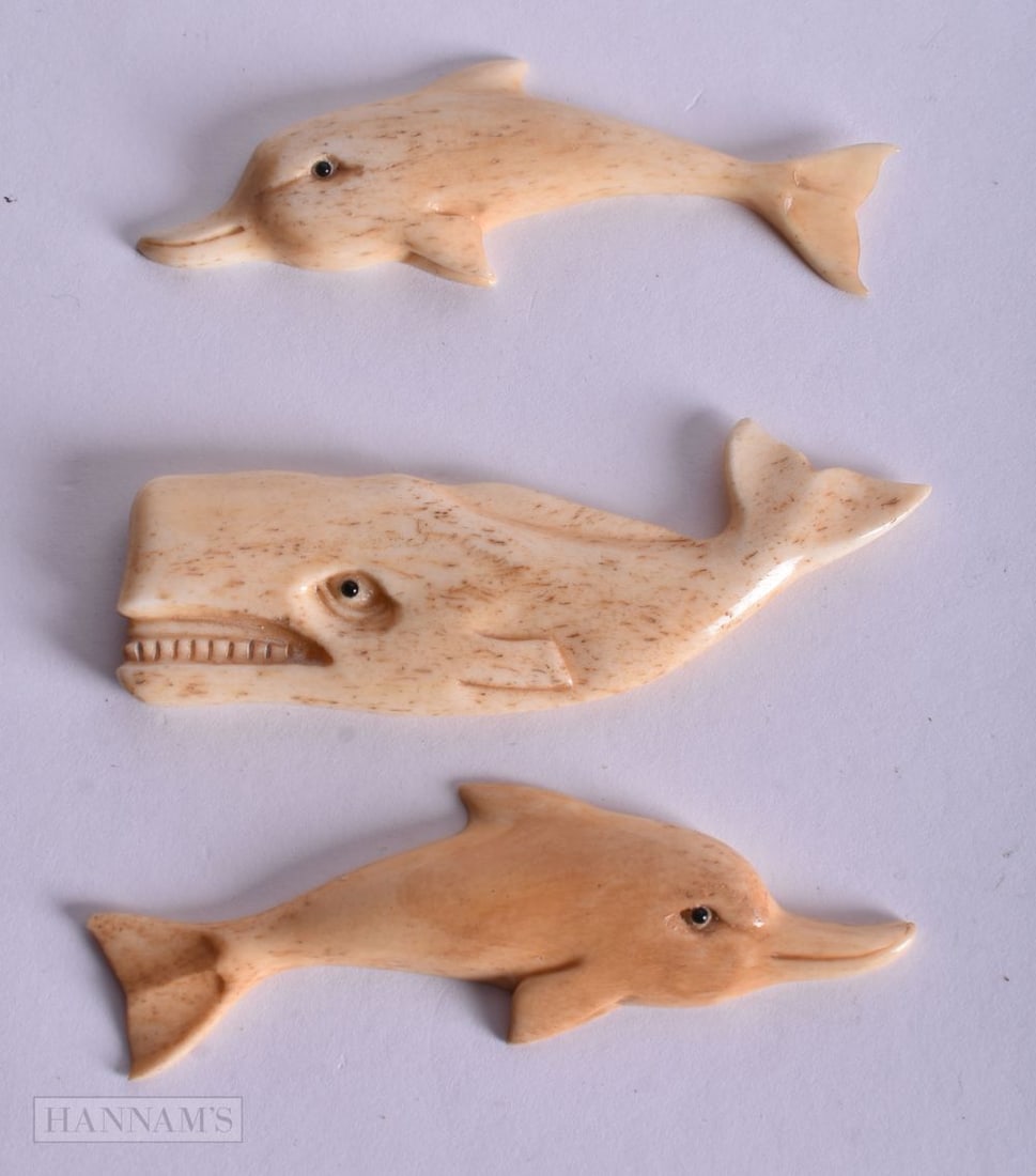 THREE BONE MARINE LIFE CARVINGS. 8 cm wide. (3) (1 of 2)