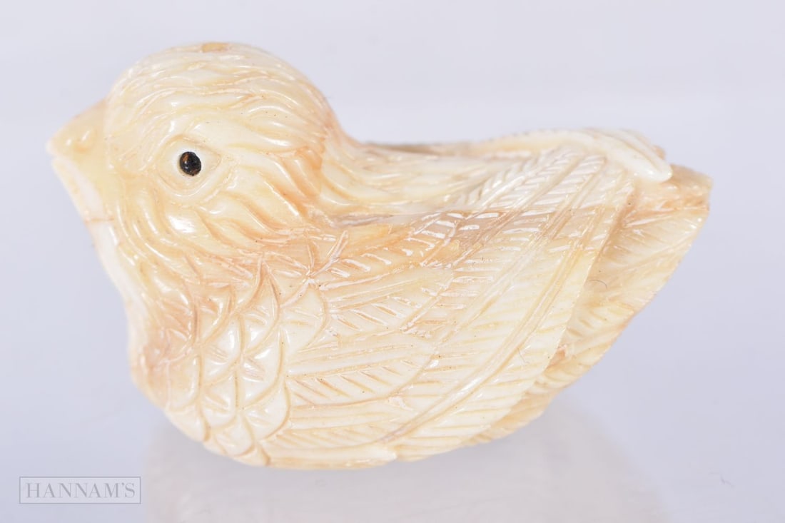 A JAPANESE BONE CHICK NETSUKE. 4.75 cm x 3 cm.: A JAPANESE BONE CHICK NETSUKE. 4.75 cm x 3 cm.