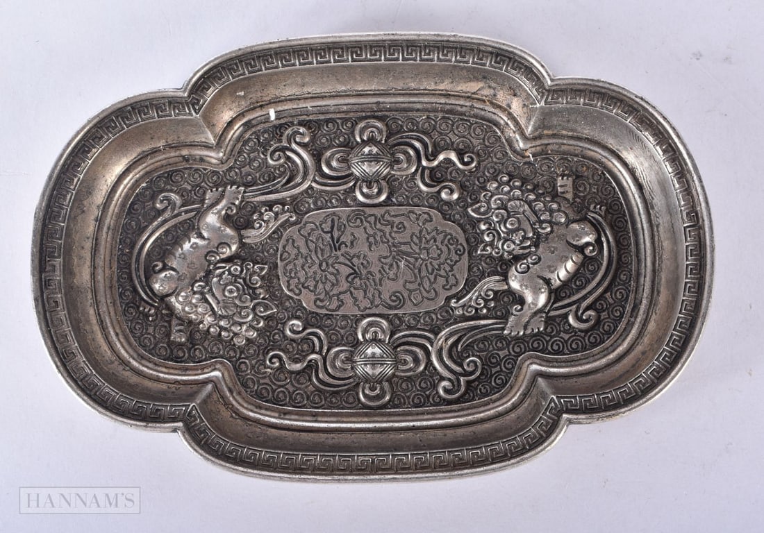A CHINESE WHITE METAL DISH. 158 grams. 12 cm x 8 cm.: A CHINESE WHITE METAL DISH. 158 grams. 12 cm x 8 cm.