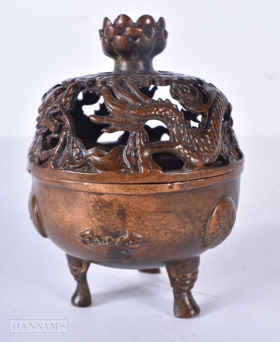 A CHINESE BRONZE CENSER. 8.75 cm x 8 cm. (1 of 4)