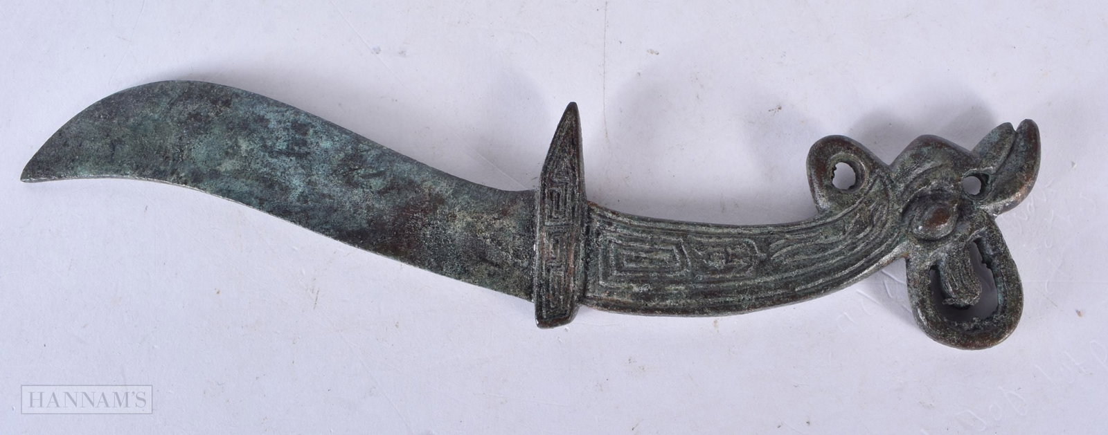 A CHINESE BRONZE KNIFE. 21.5 cm long. WE ARE UNABLE TO OFFER IN-HOUSE SHIPPING ON THIS LOT (1 of 3)