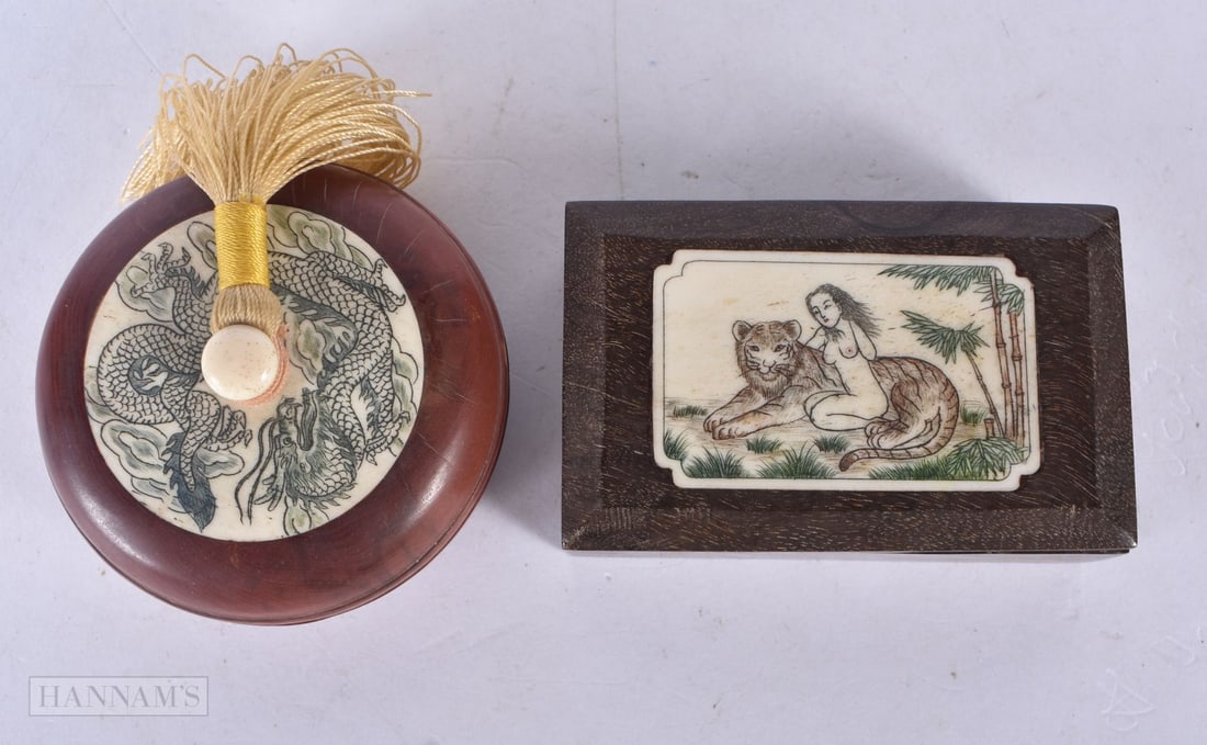 TWO CHINESE WOOD BOXES. 7.5 cm x 4.75 cm. (2) (1 of 3)