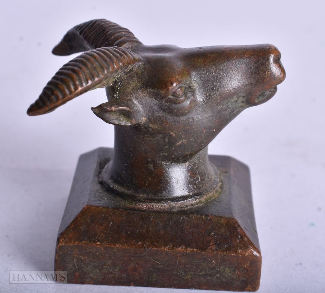 A CHINESE BRONZE GOAT SEAL. 4 cm x 3.75 cm. (1 of 3)