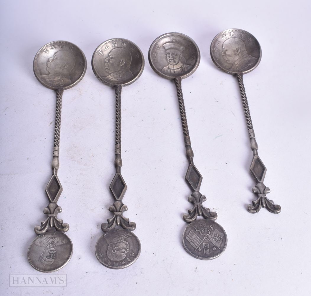 FOUR CHINESE COIN SPOONS. 146.5 grams. 17 cm long. (4) (1 of 3)