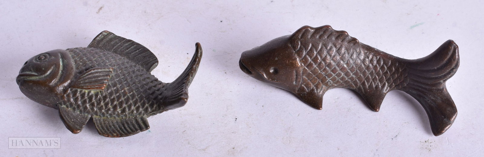 TWO CHINESE BRONZE FISH. 7 cm x 2.5 cm. (2) (1 of 2)