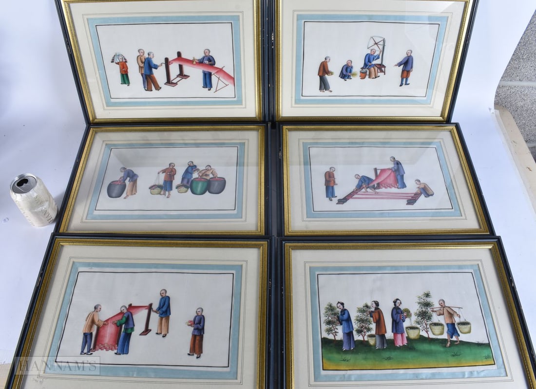 A SET OF SIX MID 19TH CENTURY CHINESE PAINTED PITH PAPERS Qing, depicting silk production. 45 cm x 3: A SET OF SIX MID 19TH CENTURY CHINESE PAINTED PITH PAPERS Qing, depicting silk production. 45 cm x 32 cm, image 32 cm x 24 cm. (6)