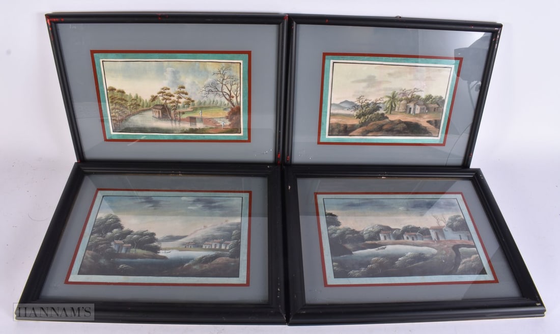 A SET OF FOUR EARLY 19TH CENTURY CHINESE PAINTED PITH PAPERS Qing, depicting figures in various purs: A SET OF FOUR EARLY 19TH CENTURY CHINESE PAINTED PITH PAPERS Qing, depicting figures in various pursuits. 35 cm x 25 cm, image 24 cm x 15 cm. (4)