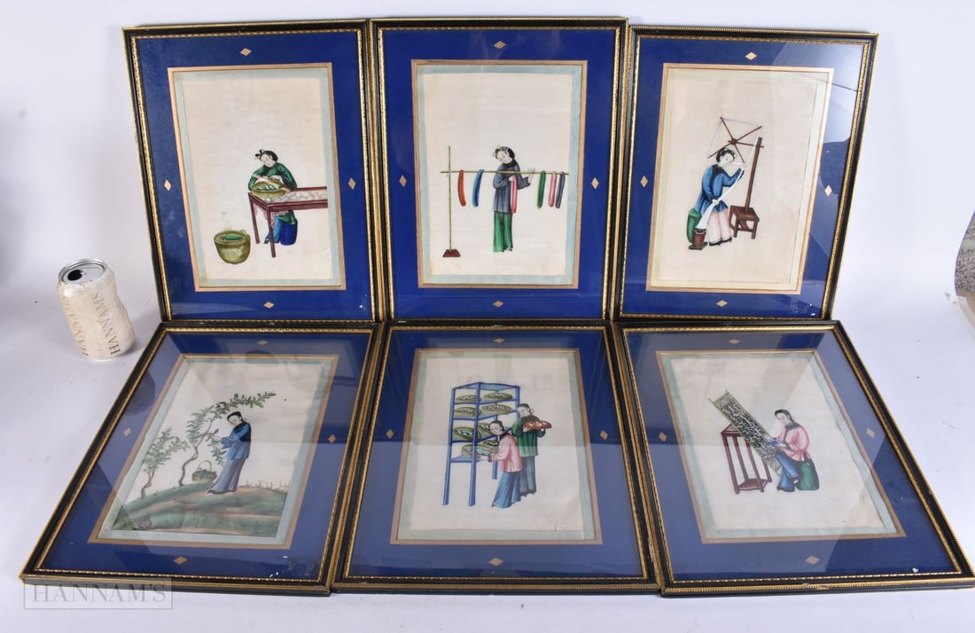 A SET OF SIX MID 19TH CENTURY CHINESE PAINTED PITH PAPERS Qing, depicting silk production. 36 cm x 2: A SET OF SIX MID 19TH CENTURY CHINESE PAINTED PITH PAPERS Qing, depicting silk production. 36 cm x 26 cm, image 26 cm x 16 cm. (6)