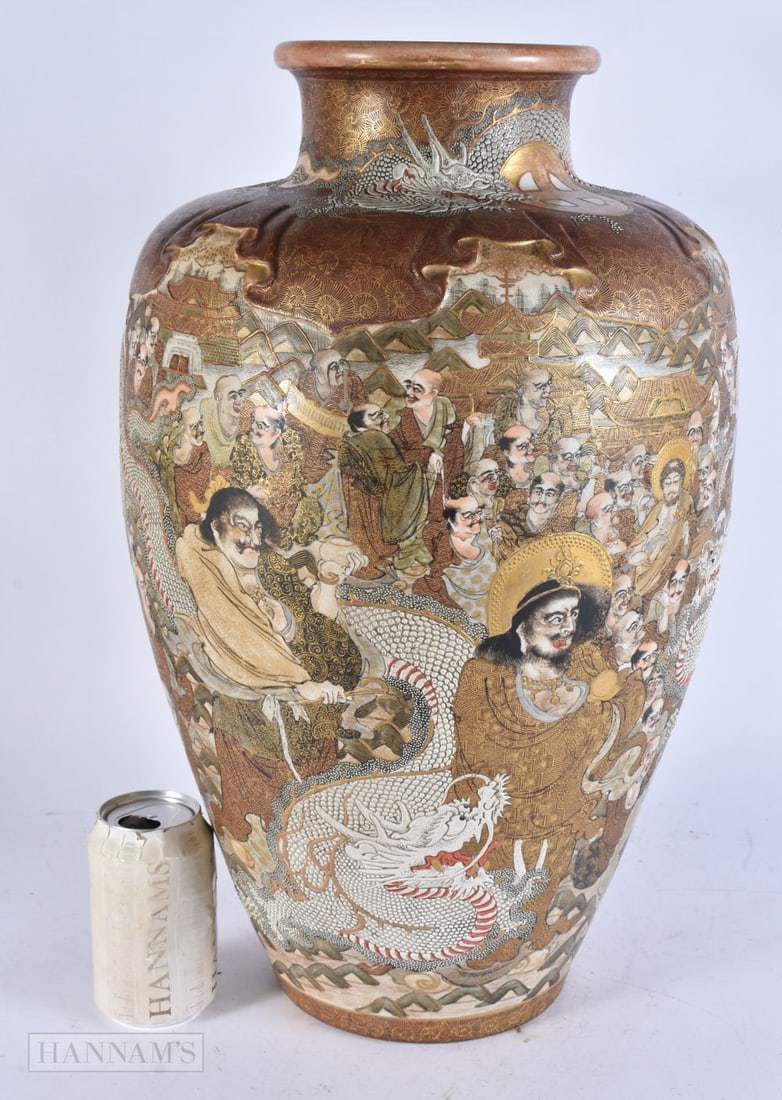 A LARGE 19TH CENTURY JAPANESE MEIJI PERIOD SATSUMA DRAGON AND IMMORTAL VASE. 48 cm x 24 cm. (1 of 6)