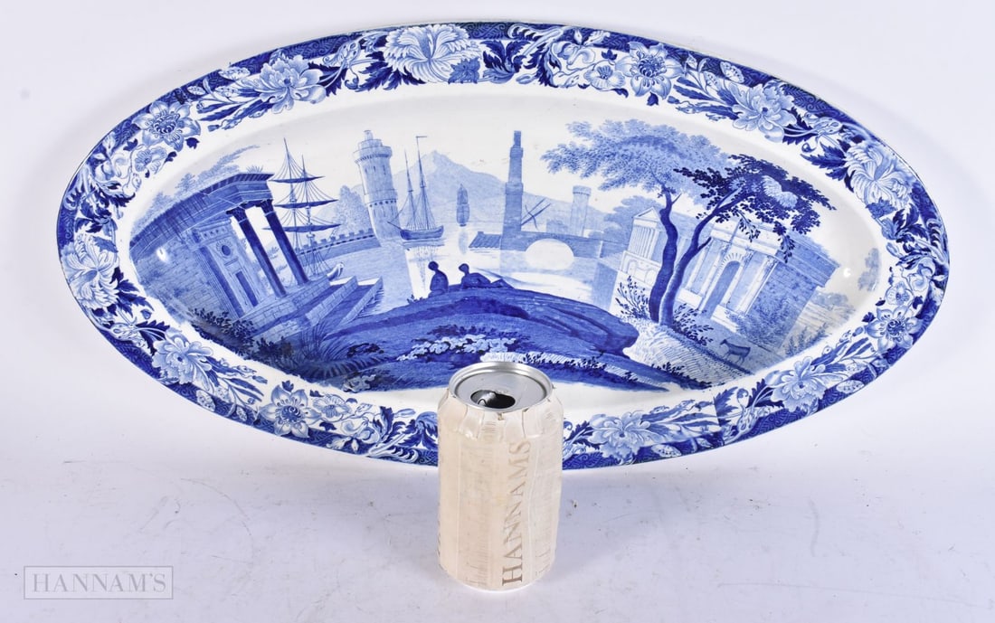 A LARGE EARLY 19TH CENTURY WEDGWOOD BLUE AND WHTIE OVAL SALMON PLATE. 54 cm x 26 cm.: A LARGE EARLY 19TH CENTURY WEDGWOOD BLUE AND WHTIE OVAL SALMON PLATE. 54 cm x 26 cm.