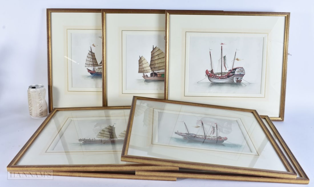 Chinese School (19th Century) Seven gouache watercolours, Shipping scenes. 42 cm x 38 cm, image 25.5 (1 of 9)