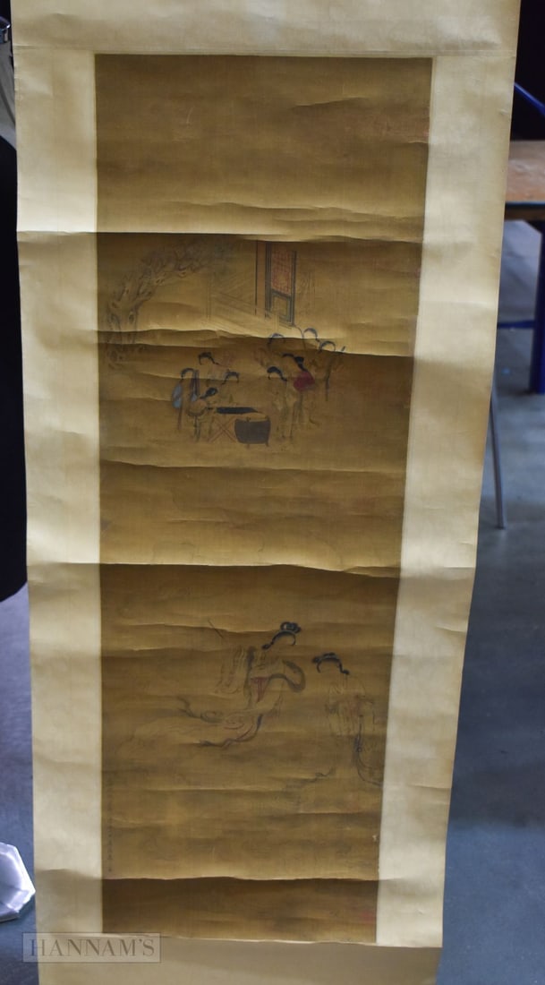 AN 18TH CENTURY CHINESE HANGING IMMORTAL PAINTED SCROLL Qing. 215 cm x 48 cm, image 105 cm x 32 cm.: AN 18TH CENTURY CHINESE HANGING IMMORTAL PAINTED SCROLL Qing. 215 cm x 48 cm, image 105 cm x 32 cm.