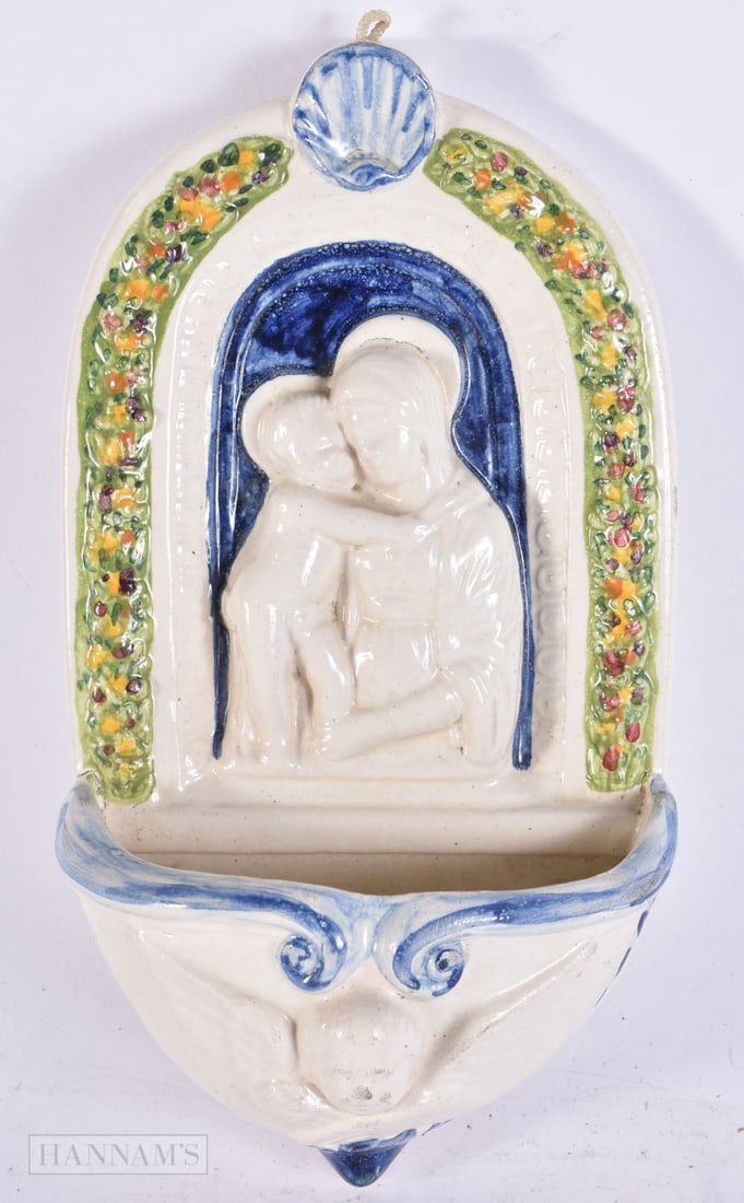 A CONTINENTAL POTTERY FONT. 24 cm x 12 cm. (1 of 2)